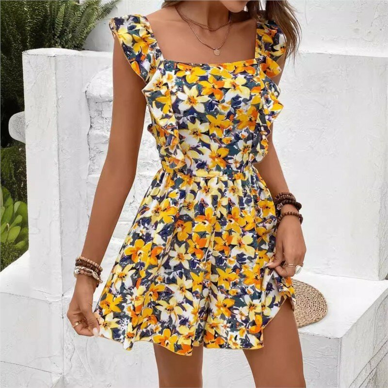 Summer Elegant Sleeveless Square Neck Printed Elastic Waist Back Lace Up Romper Short For Women's Sexy Jumpsuit Body Backless