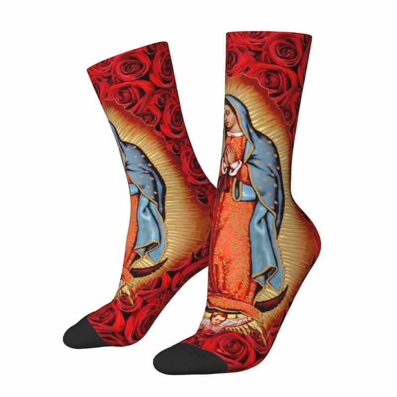 ถุงเท้าผู้ชายแฟชั่นคริสเตียนบ้าถุงเท้าโพลีเอสเตอร์สำหรับผู้หญิง Guadalupe mexican บริสุทธิ์ mexMary กีฬาฤดูร้อน