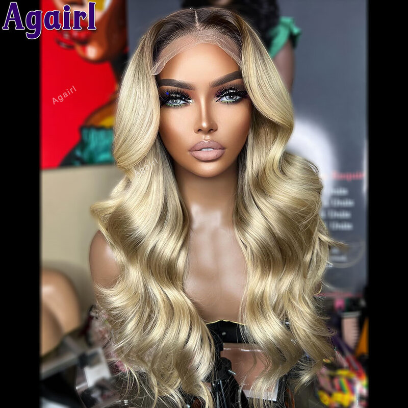 Dark Brown Roots Ash Blonde Body Wave Lace Front Wigs Human Hair 200% Density 13X6 13X4 Transparent Lace Frontal Wigs fort Women