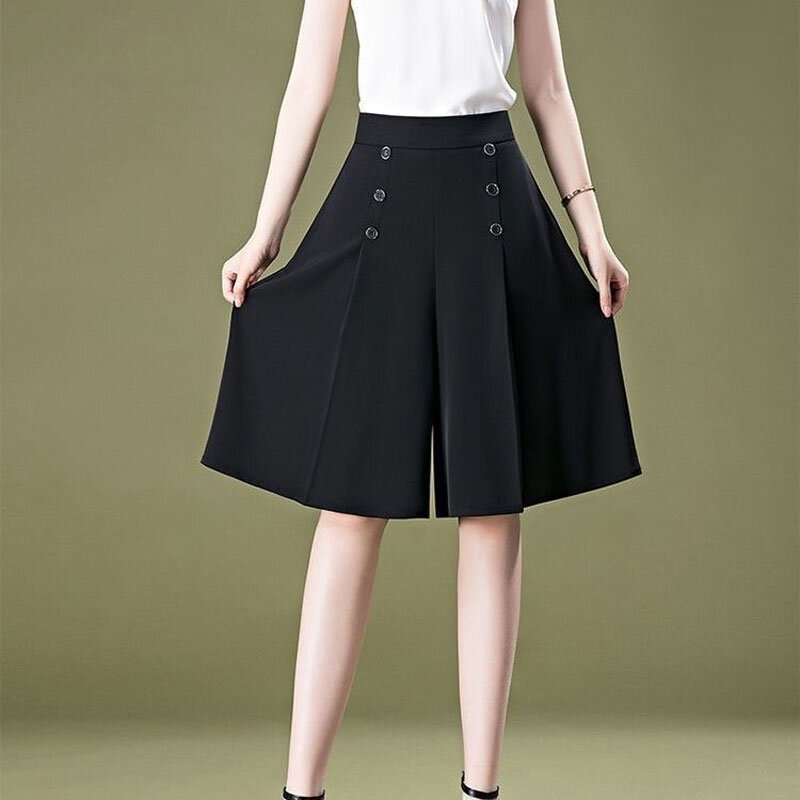 Celana pendek kantor wanita, rok selutut lurus longgar kancing gaya warna polos musim panas