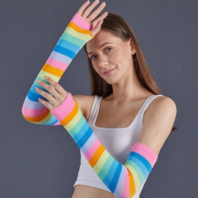 Rainbow Stripe ถุงมือสำหรับหญิง Christmas Party อุปกรณ์เสริมแขนยืดแขน Dropship