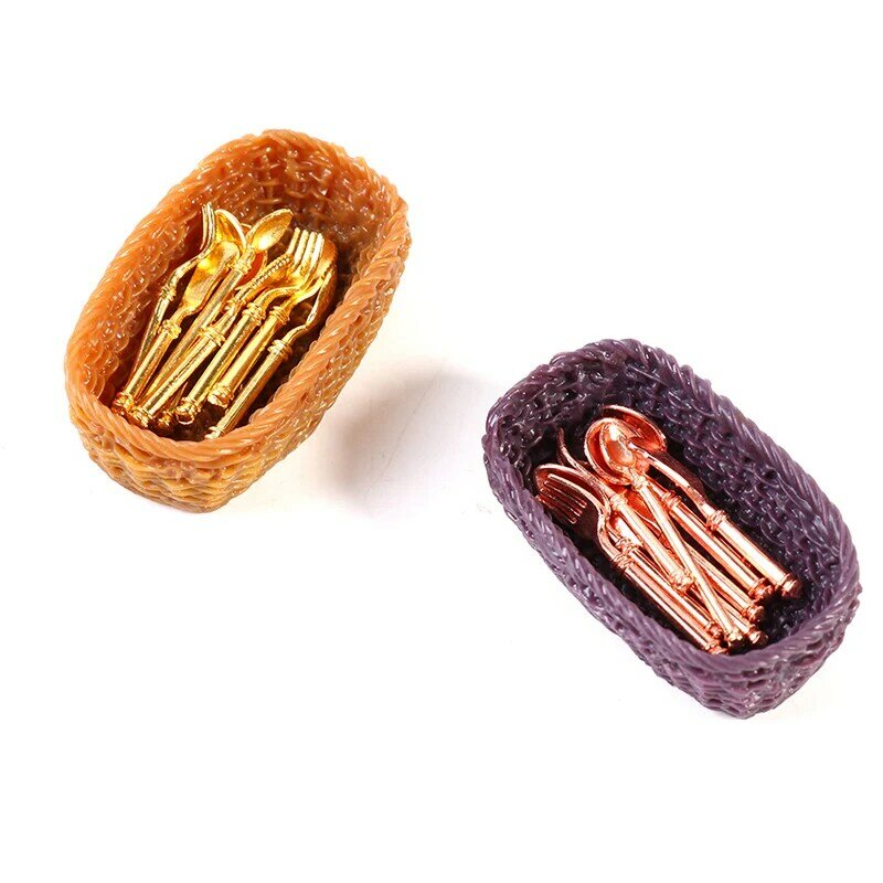 10 Buah/Set Peralatan Makan Miniatur Rumah Boneka 1:12 Set Keranjang Sendok Pisau Garpu Mini Set Sendok Garpu Aksesori Boneka Furnitur