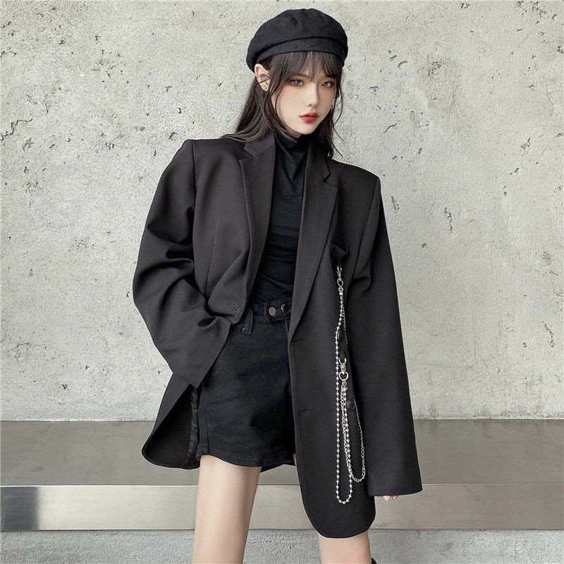 Jaquetas Harajuku com corrente para mulheres, casaco feminino, jaqueta coreana básica, conjunto de blazer, top suits para senhoras, elegante e top