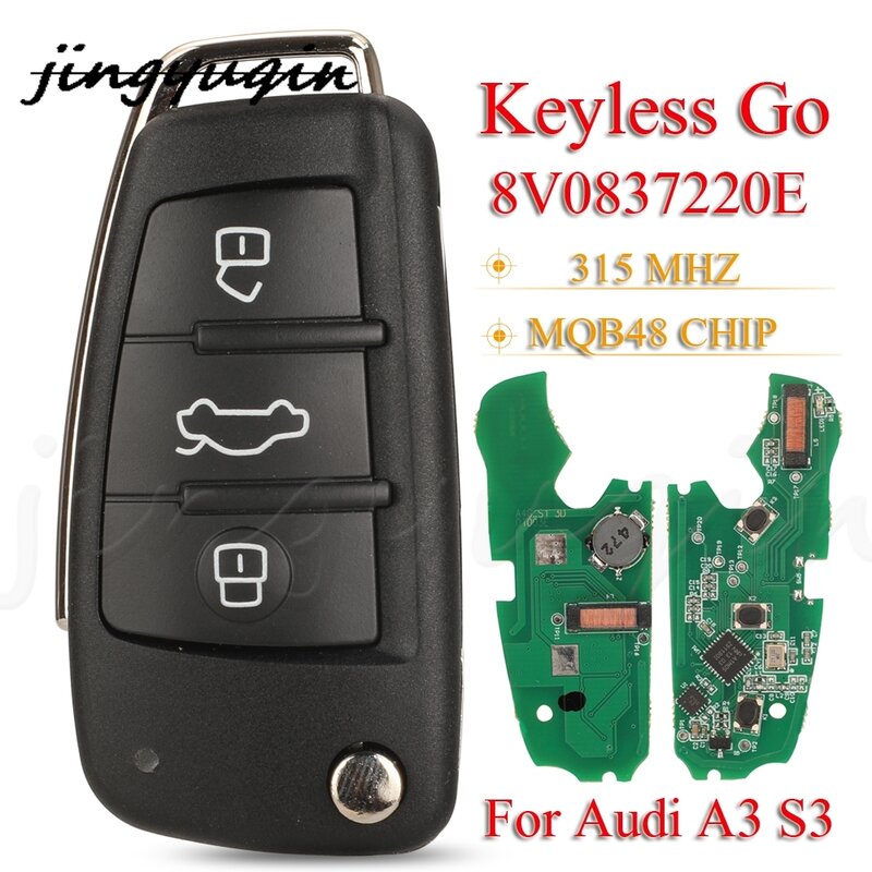 Jingyuqin 8v0837220e keyless go 3 botões virar inteligente remoto carro chave fob 315mhz mqb 48chip para audi a3 s3 2012-2017