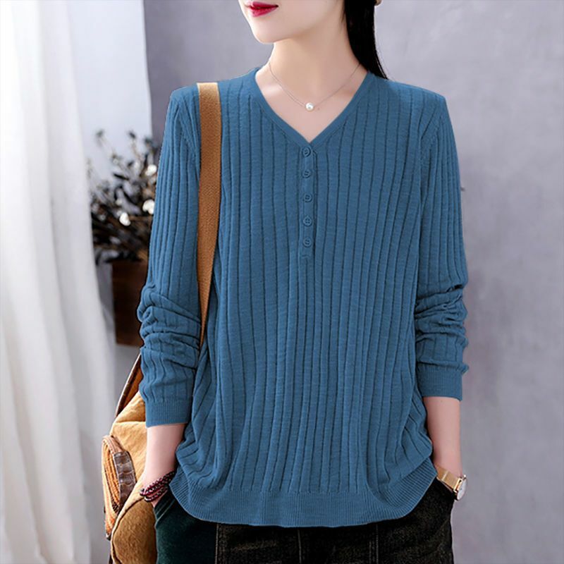 Pull Vintage solide tricoté à manches longues pour femme, col en V, haut décontracté, nouvelle collection automne hiver 2022