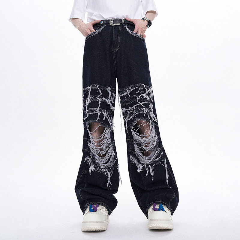FEWQ-pantalones vaqueros de estilo americano para hombre, pantalón de pierna recta con agujeros, diseño de nicho, tendencia de moda, 24Y116