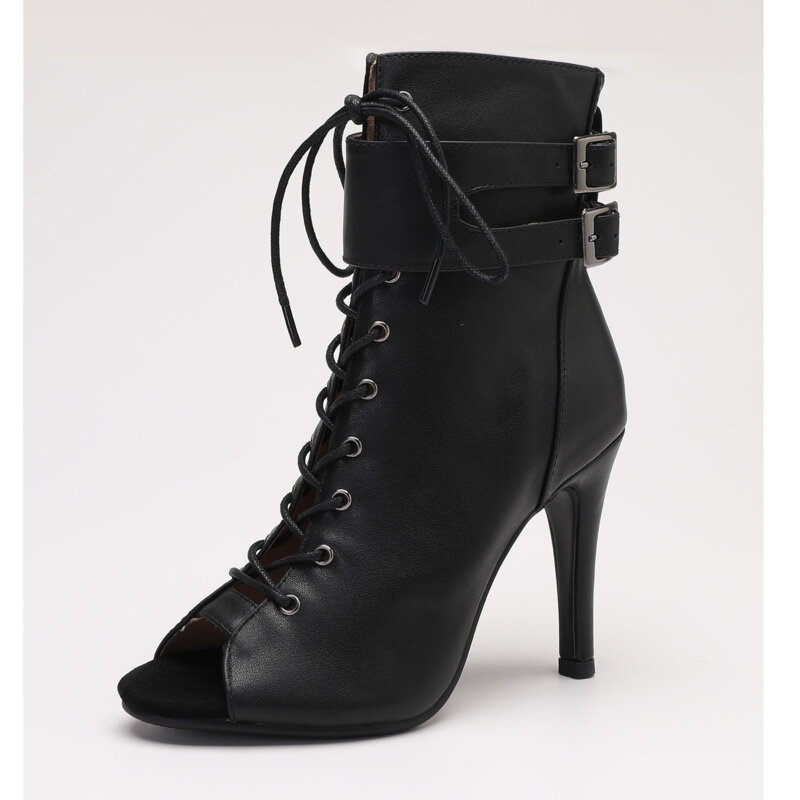 Sepatu hak tinggi hitam wanita, sepatu bot renda lembut stiletto Jazz dansa wanita sol dapat disesuaikan untuk menari Latin