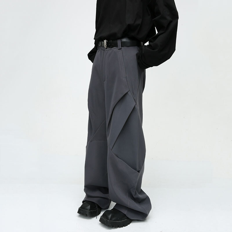 NOYMEI-pantalones holgados de pierna ancha para hombre, pantalón informal de empalme plisado con diseño de nicho de Color sólido, WA3288