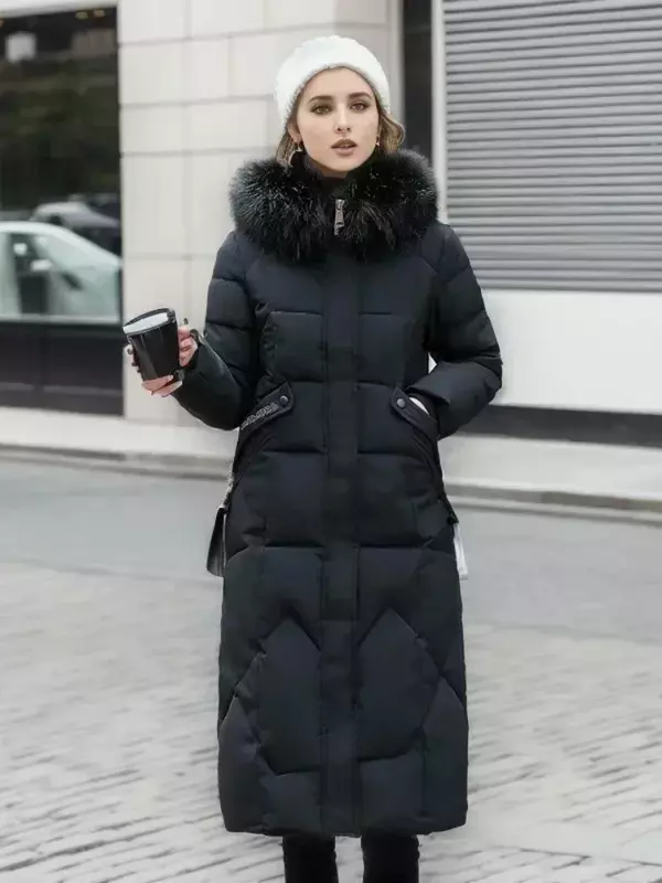 Новинка, женская зимняя куртка 2024, модное облегающее пальто средней длины с меховым воротником, толстое хлопковое пальто, элегантная красная парка, женская одежда