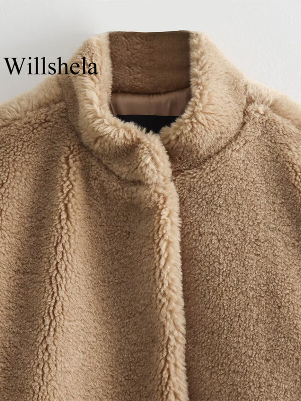 Willshela Women Fashion Fleece Khaki Single Breasted Bomber Jackets Vintage O-Neck Long Sleeves Female Chic Lady Outfits