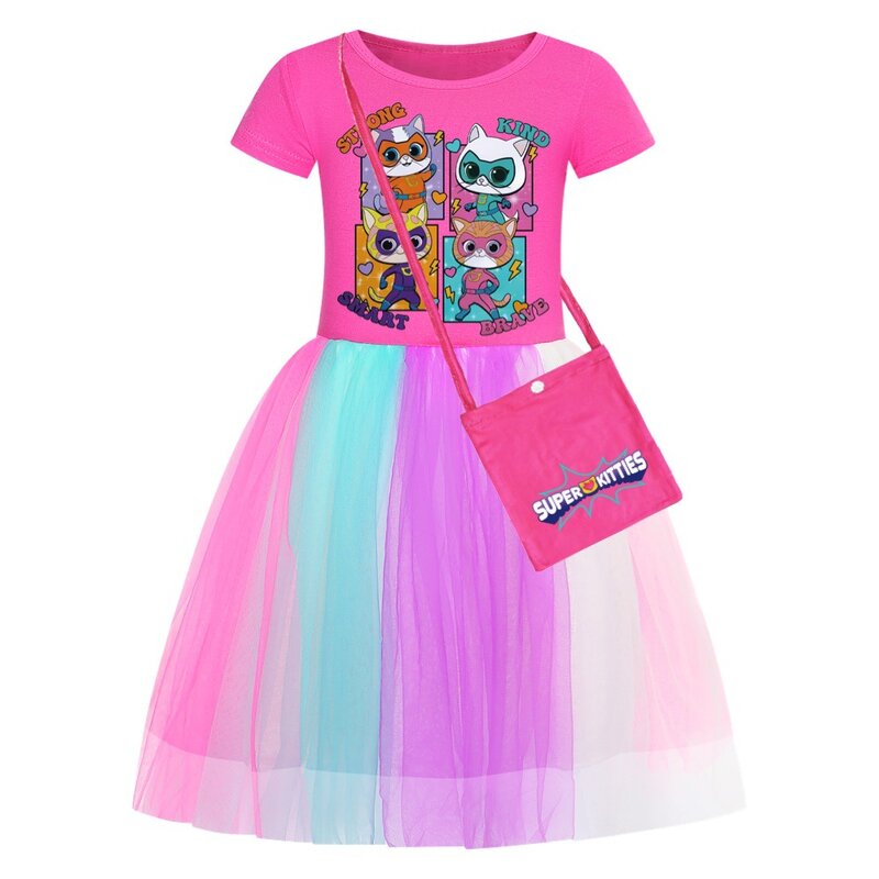 Gaun anak perempuan Super Kitties, gaun untuk anak perempuan, pakaian Super kucing lucu, pakaian putri renda, hadiah ulang tahun anak-anak