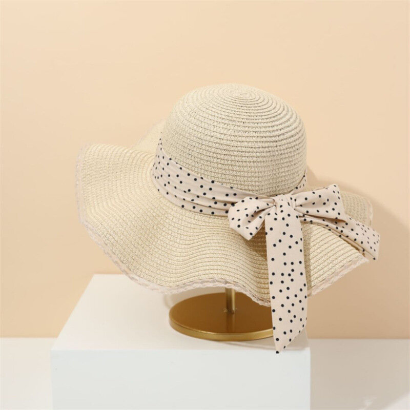 Sombrero de paja con protección solar para mujer, sombrero de paja con forma de lazo, ala grande, ideal para vacaciones en la playa y el verano