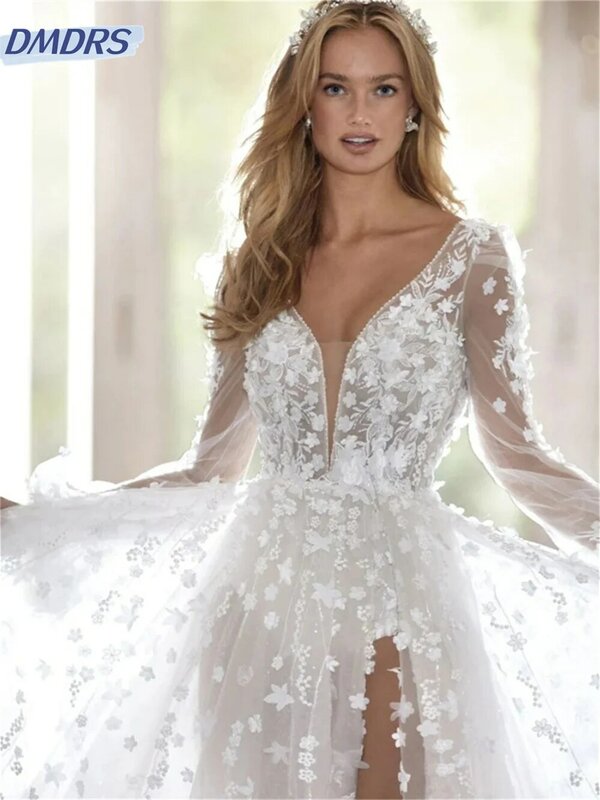 Simple V Neck Wedding Dress 2024 Elegant Tulle Bridal Gown Luxurious Appliquéd Bridal Dress Vestidos De Novia