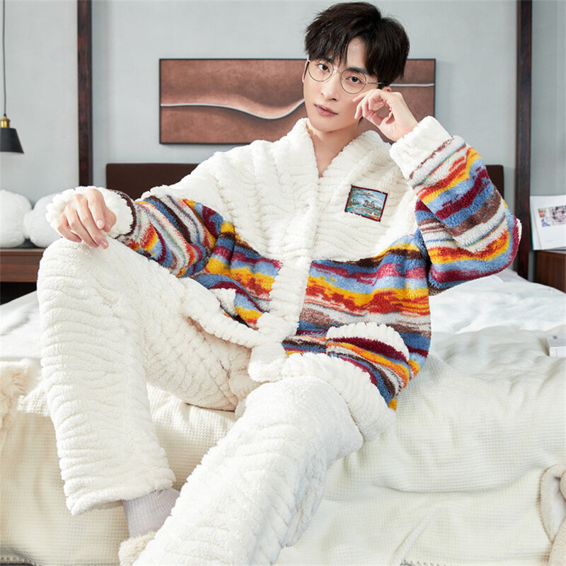 Męska zimowa ciepły materiał polarowa piżama zestaw puszysty płaszcz + długie spodnie męska bielizna nocna do spania 2-częściowa odzież domowa leżakowa