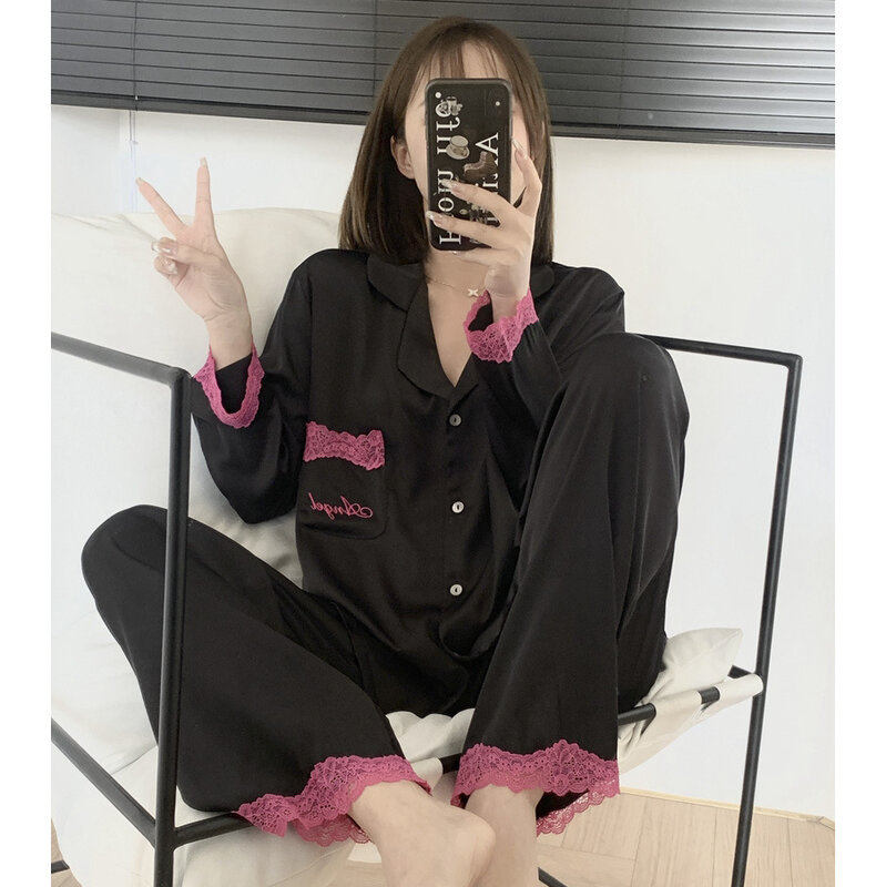 Пикантная Черная кружевная ночная рубашка, костюмы с брюками, Женская весенне-летняя Пижама, шелковая атласная Домашняя одежда, комплект из двух предметов, одежда для сна