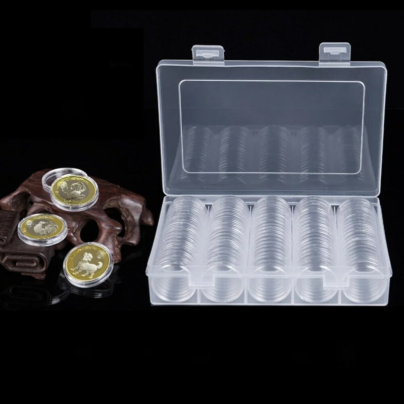 Porta-moedas de plástico redondo com organizador de armazenamento, cápsulas, caixa de coleção, 100 peças, 27mm
