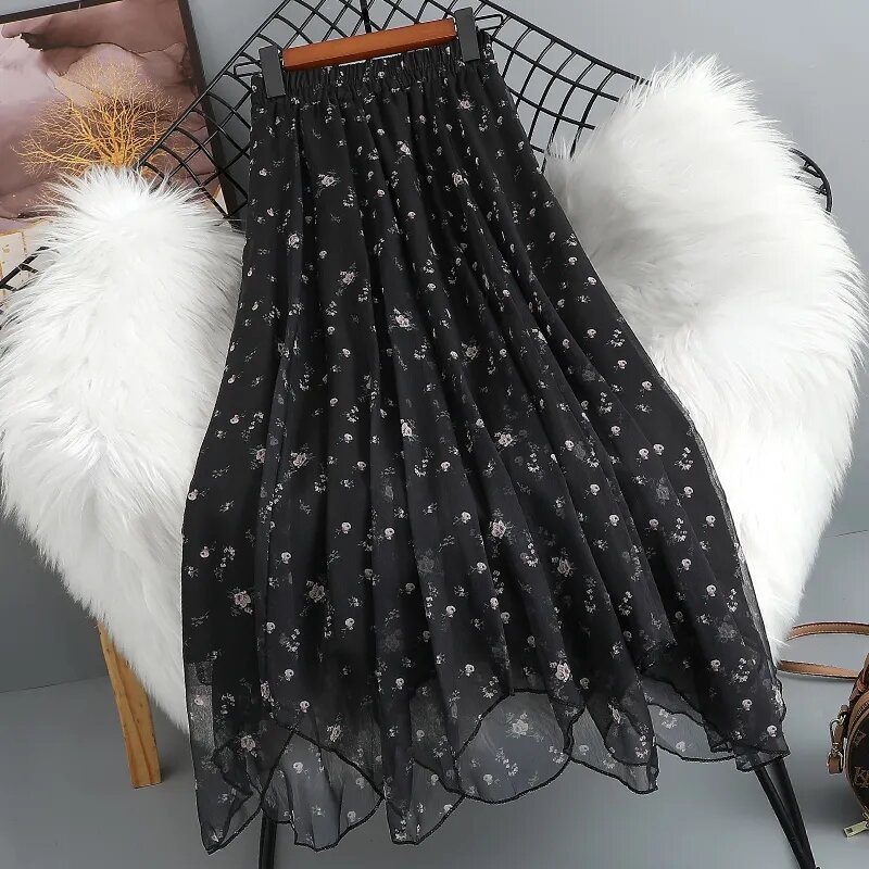 Женская сетчатая юбка с цветочным принтом, трапециевидная тонкая Асимметричная шифоновая юбка с милым принтом, лето 2024