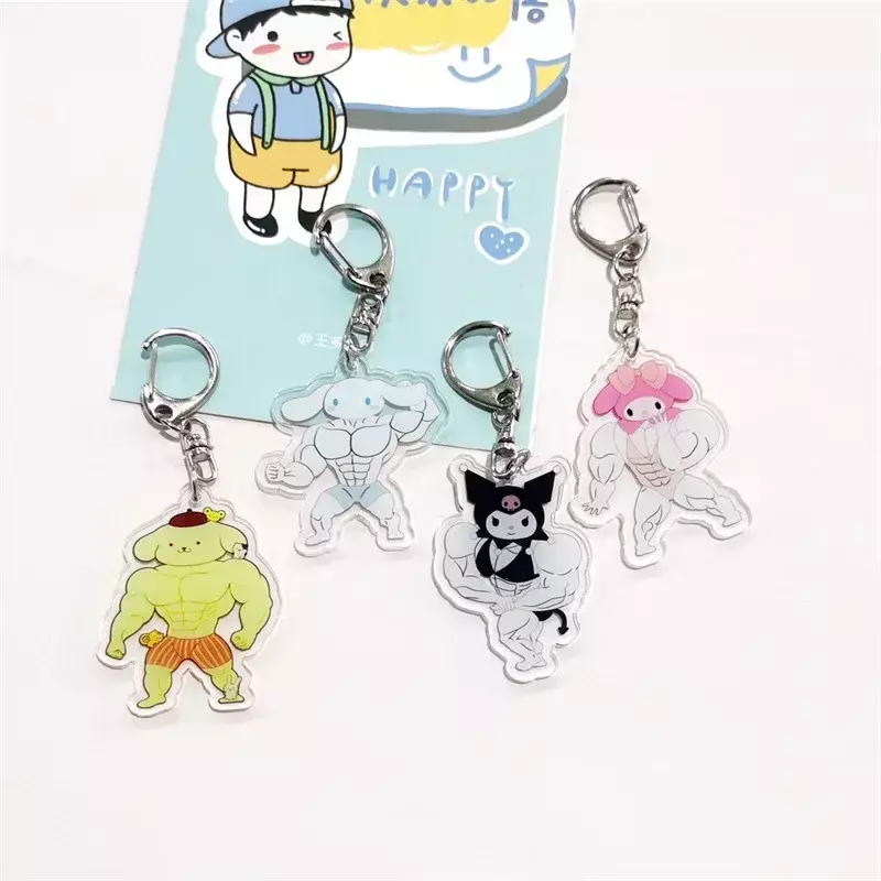 Gantungan kunci otot lucu Anime Hello Kittys Kawaii anak perempuan gantungan kunci kebugaran Macho My Melodys ransel pasangan liontin hadiah mainan
