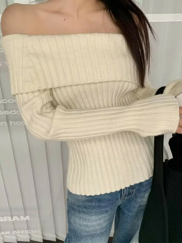 Женский трикотажный пуловер с открытыми плечами, однотонный облегающий свитер с длинным рукавом, трикотаж в рубчик, Осень-зима 2022