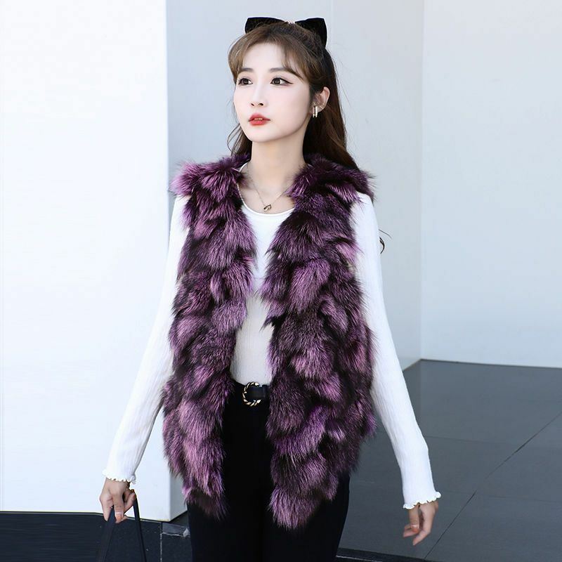 Chaleco de piel de zorro para mujer, abrigo corto ajustado con cuello en V, moda informal, otoño e invierno, 2023