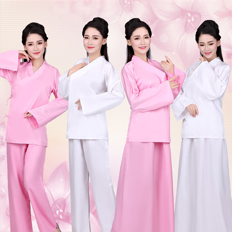 Hanfu – Costume chinois ancien pour femmes, hauts longs pantalons, ensemble blanc rose, vêtements de nuit unisexes