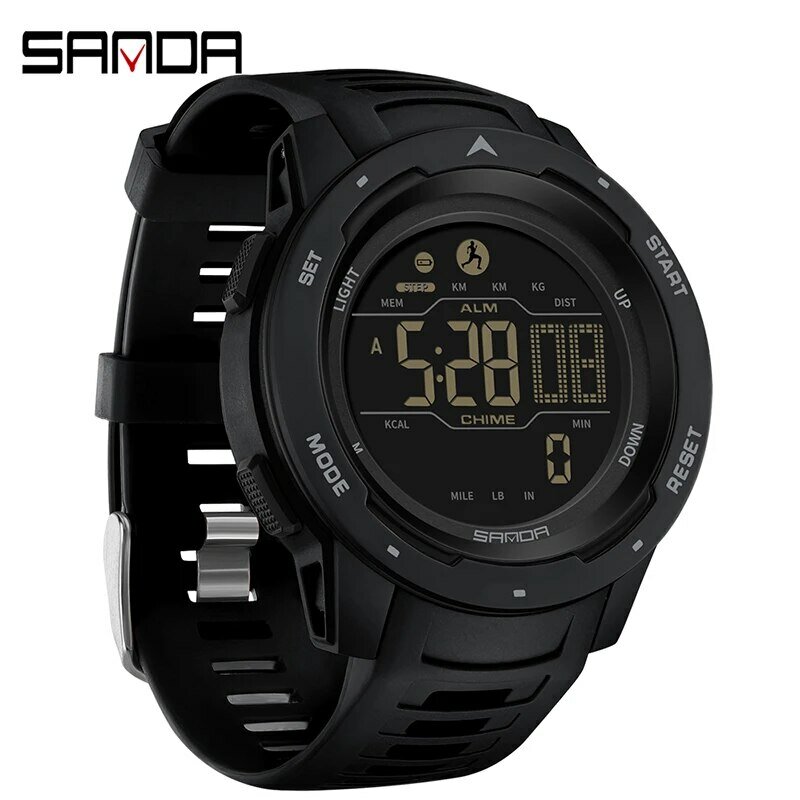 SANDA jam tangan olahraga pria, jam tangan LED Digital tahan air 50M Pedometer kalori 2145