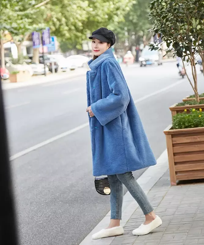Płaszcz zimowy damski futro z norek kurtka luźna luksusowy, ciepły, średniej długości, sztuczne futra Oversize, damski, pluszowy sweter