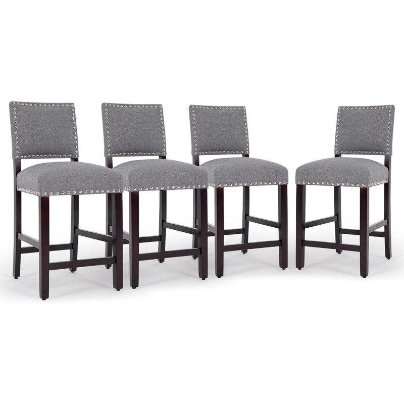 Bar Stools Set of 4, Counter Height Stool, Fabric Upholstered Barstool with Back and Wood Leg, Bars Chair