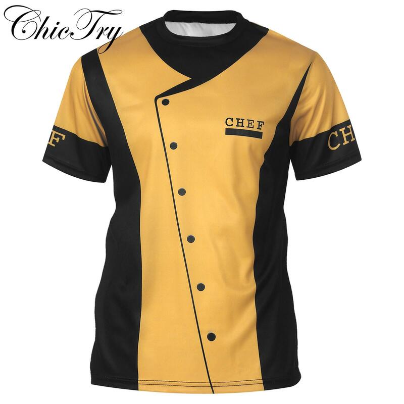 Mens Chef T Shirt Work Uniform Creative Color Block Printed Chef Tops Restaurant Kitchen Cooking Costume Short Sleeve Tee Top