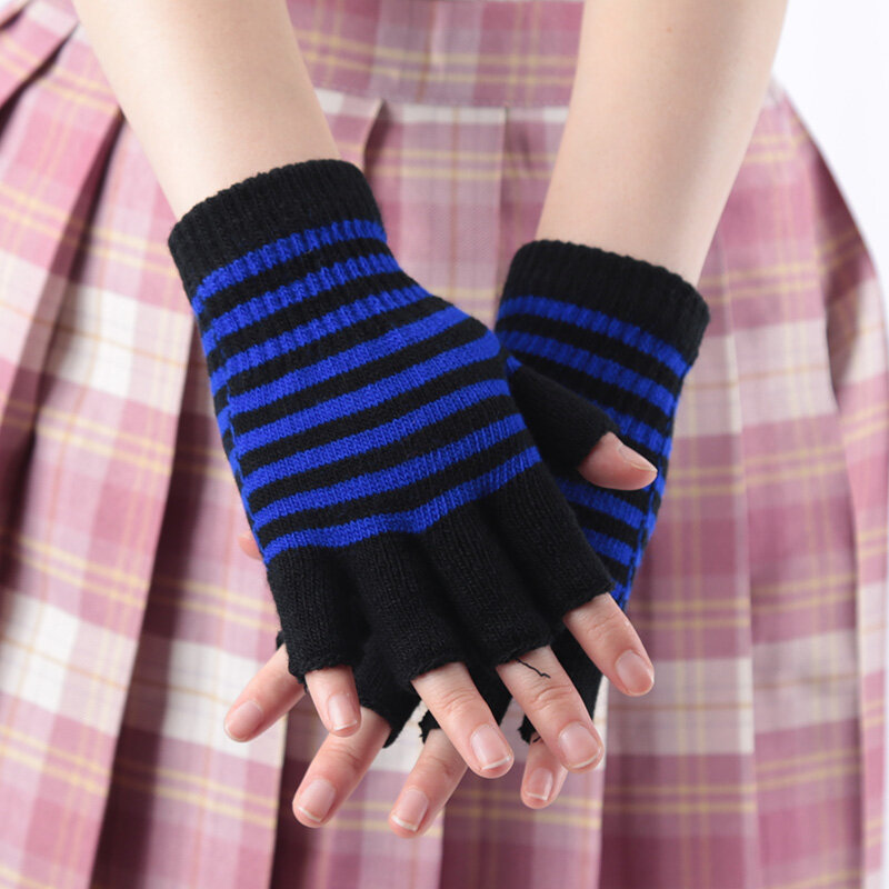 1Pair Black Stripe Half Finger Fingerless Gloves for Women and Men Knit Wrist Cotton Winter Warm Outdoor Gothic Lolita Mittens