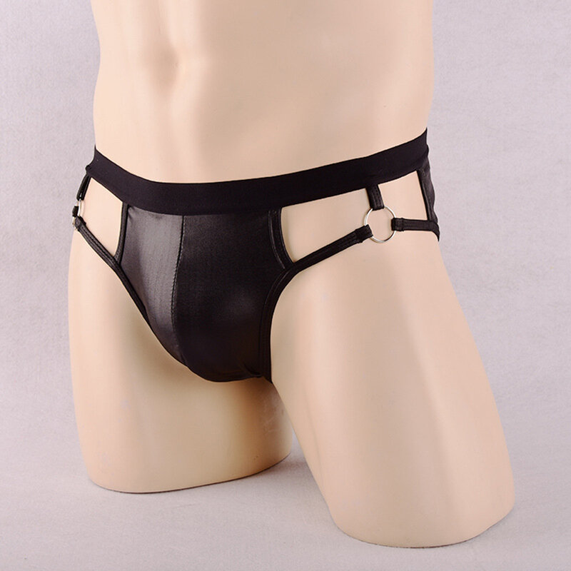 Sexy sem costas PU couro cuecas de cintura baixa para homens, cuecas com cinta Jock, calcinha convexa de U, lingerie erótica