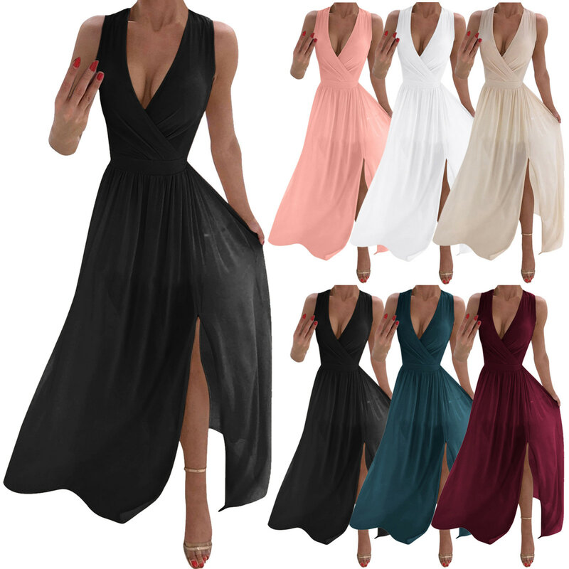 여성용 플리츠 V 넥 민소매 사이드 슬릿 롱 맥시 캐주얼 쉬폰 A 라인 드레스, 플로이 가운 파티 드레스, 여름