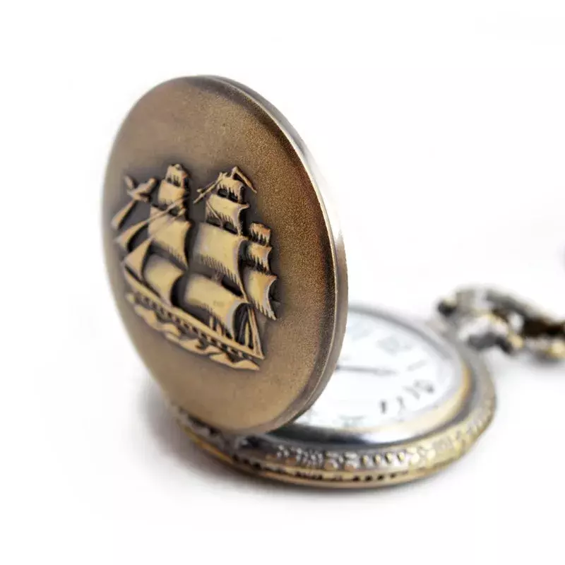 Mini reloj de bolsillo de cuarzo pequeño de bronce, barco de lona de vela, collar, reloj colgante, relojes de cadena, mujeres, hombres, regalo de novia
