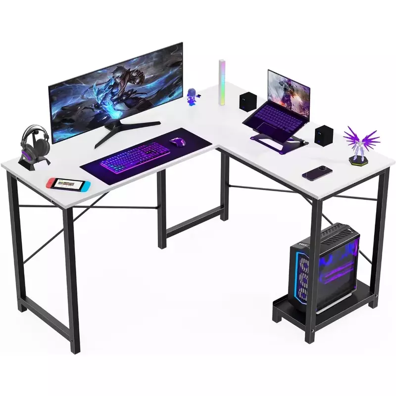 Escritorio de ordenador en L, escritorio de esquina para juegos, escritorio de escritura, mesa de PC con gancho para auriculares, soporte de CPU para el hogar