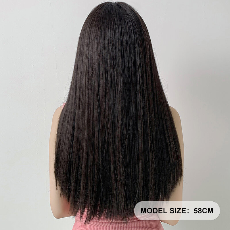 7JHH парики длинный прямой темно-коричневый парик для женщин для ежедневного использования высокая плотность синтетические Многослойные черные чайные волосы парики с полной челкой