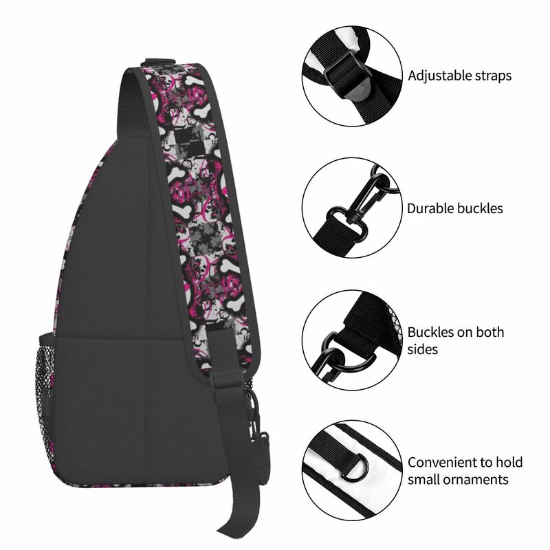 Gothic Pink Skull Crossbody Sling Bag SmallChest Bag Shoulder Backpack Daypack para viagens Caminhadas Ciclismo Satchel