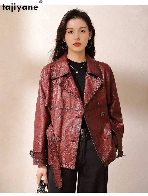 Tajiyane 여성용 진짜 양가죽 재킷, 우아한 더블 브레스트 가죽 재킷, 100% 진짜 가죽 코트, 최고 품질, 23