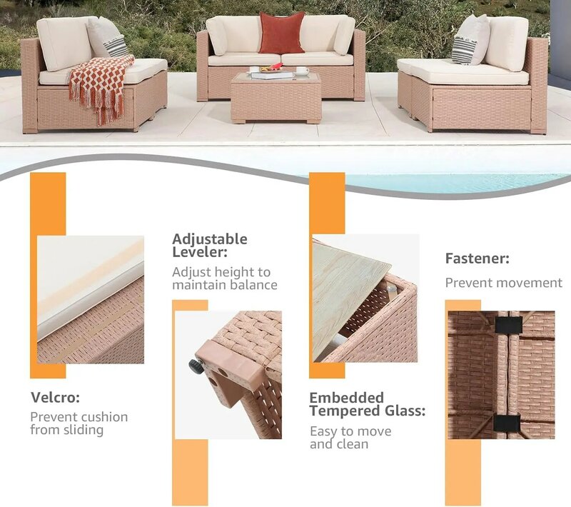 Набор уличной мебели для патио из 7 предметов, всепогодный натуральный Плетеный ротанговый секционный набор для разговора, со встроенным Стеклянным Столом