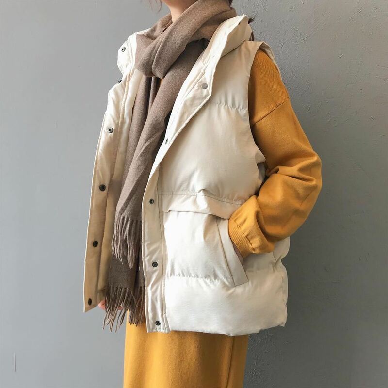 Casaco de colete curto coreano feminino, casaco monocromático, com zíper, solto, de peito único, regular, grosso, sem mangas, quente, inverno