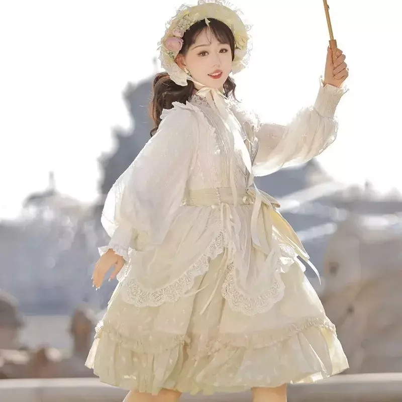 Flouncing Lace Trim Japanese Harajuku Puff Sleeves Daily  Lolita Dress Fairy Style