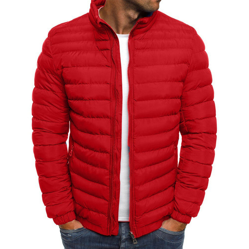 Mens Winter Warm Stand Collar Puffer Zip Up Jacket Quilted Padded Coat Outwear Autumn Winter Parkas Solid Color