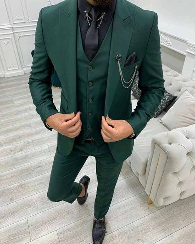 Traje de 3 piezas para hombre, conjunto de chaqueta con solapa de Pico Verde, esmoquin, traje de novio, boda, graduación, 2024