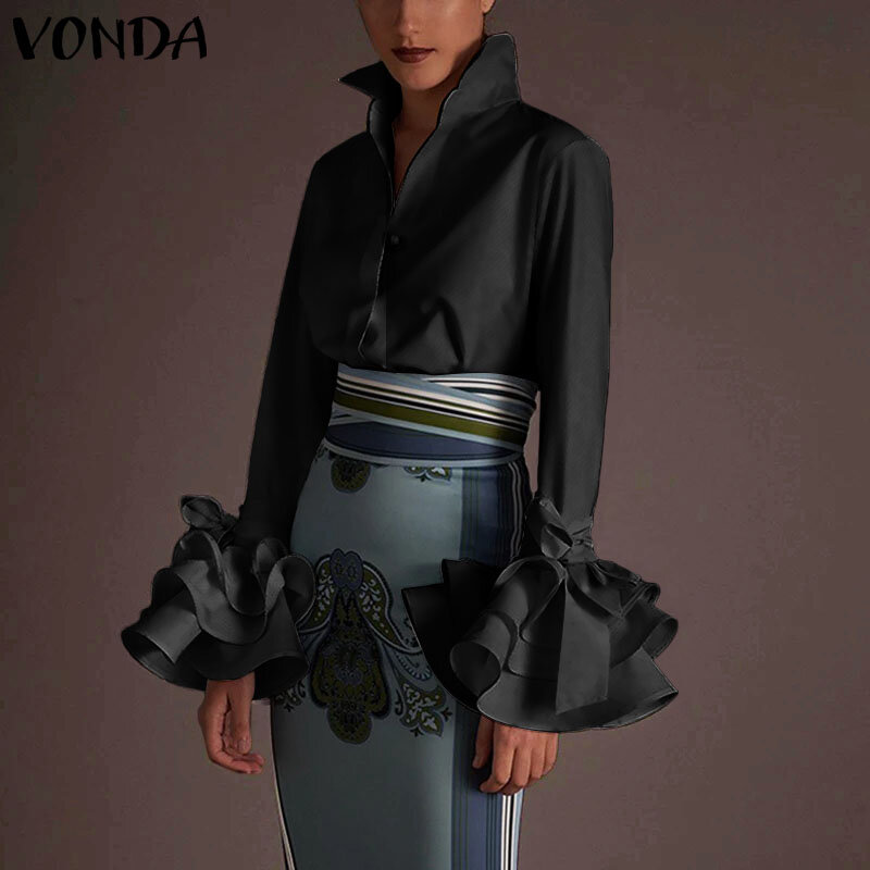 VONDA Lady dekolt z klapami przycisk kobiety koszule 2023 dorywczo Top w jednolitym kolorze bufiaste rękawy bluzka koszula jesień z długim rękawem eleganckie biuro