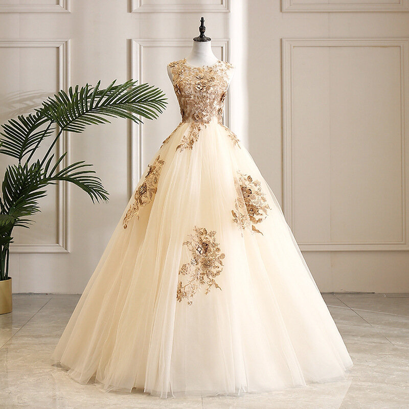 Champagne vestido de baile vestido de baile 3d flor appliqued contas glitter vestido de noite jewel neck sem mangas do baile de formatura robe de mariée
