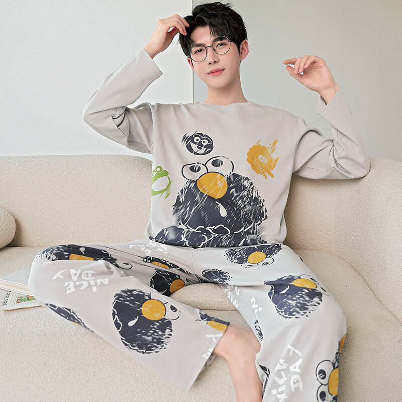 Piyama rajut pria musim gugur baru 2024 baju tidur motif siswa katun untuk pria pakaian tidur kasual santai lucu set piyama leher-o