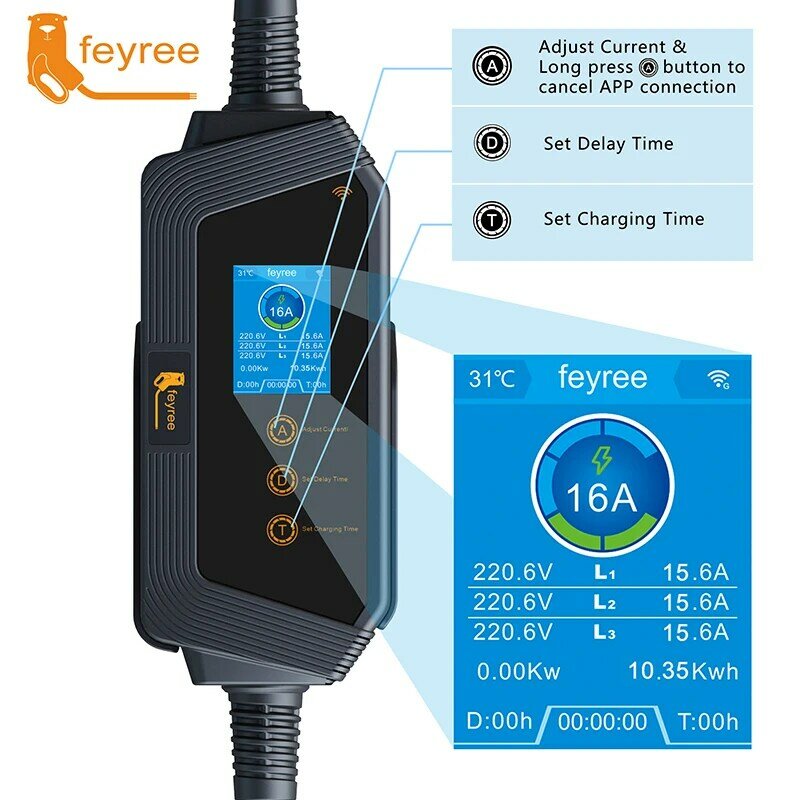 Feiyree-電気自動車タイプ2ケーブル用のポータブルEV充電器、車の充電器、Wifiアプリ制御、evse充電ボックス、CEEプラグ、11kw、16a、3p
