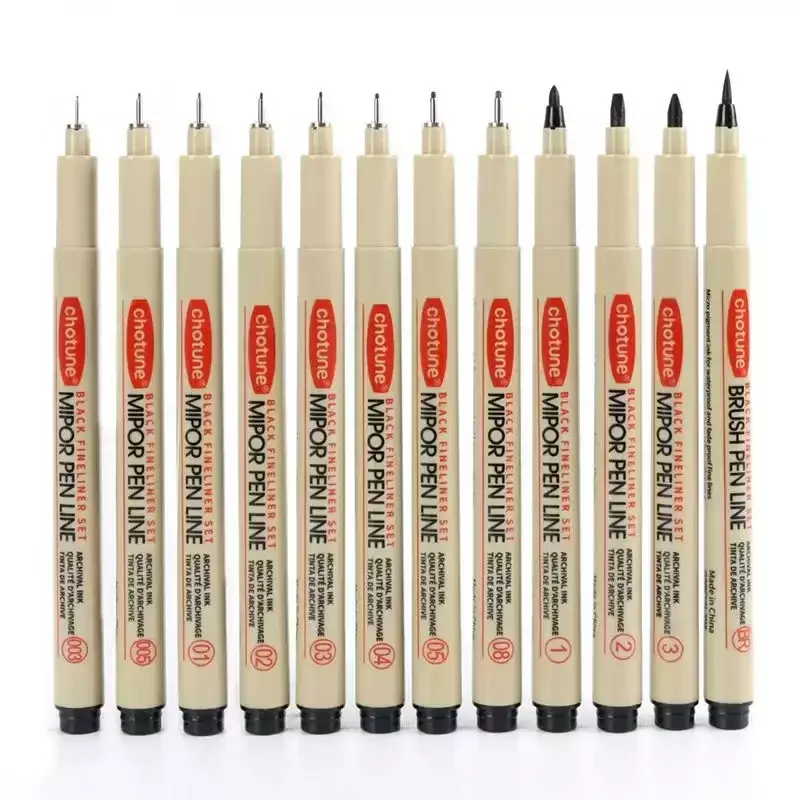 Pigmento Liner Micron Pen Marker, Gancho Linha Agulha, Desenho Esboço, Tinta escova macia, Papelaria Art Supplies, 3 12Pcs