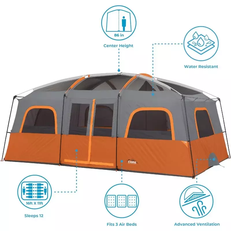 Tenda CORE 12 orang | Tenda Kemah Multi kamar besar untuk berkemah keluarga luar ruangan | Tenda berdiri kabin portabel dengan tas penyimpanan