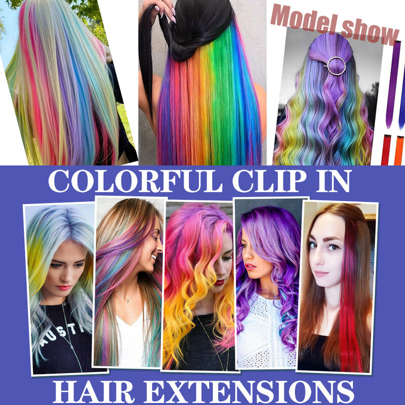 Clip colorido em extensões de cabelo sintético, arco-íris Hairpieces, festa destaques, multi cores, 22 ", 8 pcs por pacote