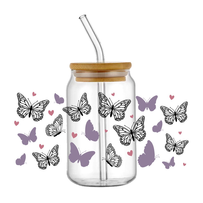 30+ Designs Butterfly Cup Uv Dtf Transfer Wrap Sticker Diy 16 Oz Glass Cans Popular Heart Shape Element Design Waterproof Decals